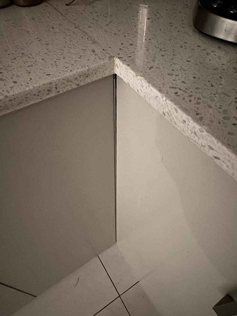 A finished stone benchtop repair, photographed for a customer review.